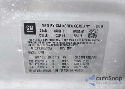 2019 Chevrolet Trax Lt z USA, uszkodzony, nr VIN KL7CJLSB2KB752782